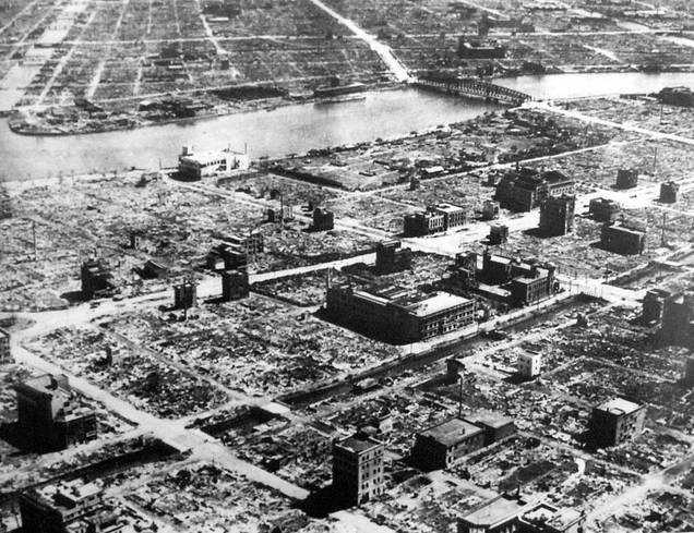 Aerial view of Tokyo following the first incendiary raid. All that remain are the concrete or stone structures